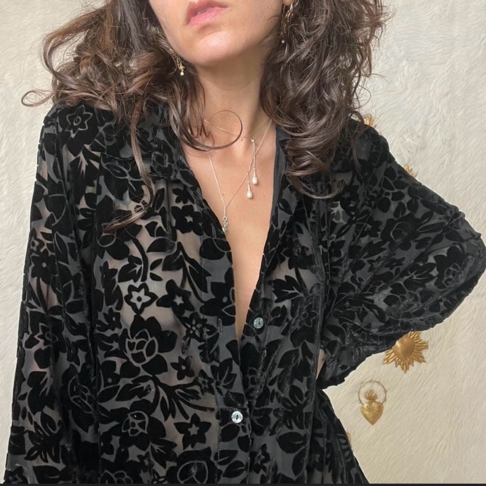 Suchada Vintage 90's Silk/Rayon Velvet Burnout Organza Tunic Blouse Size…